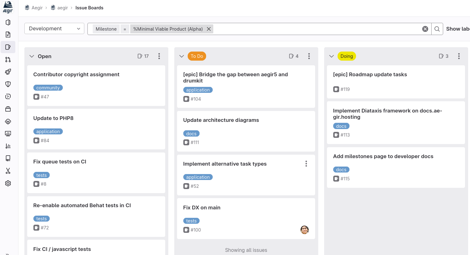 Snapshot of Aegir 5 MVP Alpha sprint boards